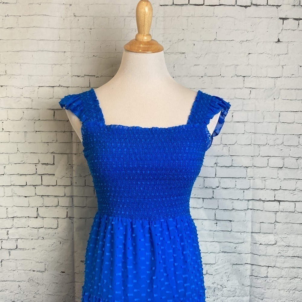 Alice+Olivia KIZZIE SMOCKED FLUTTER SLEEVE TIERED MAXI DRESS SZ 2 Blue Feminine - Picture 6 of 16